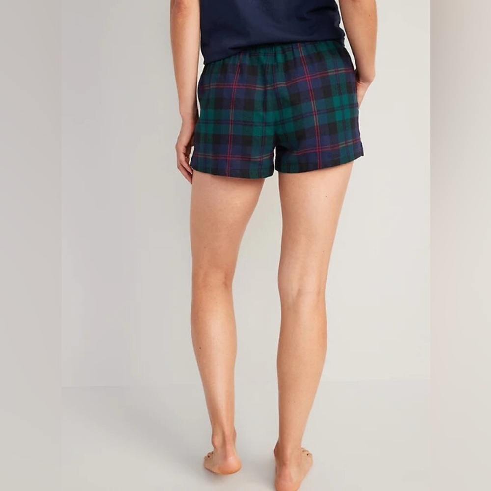 (A4) Old Navy Women’s Cotton Pajama Boxer Shorts Green Blue Plaid‎ Medium